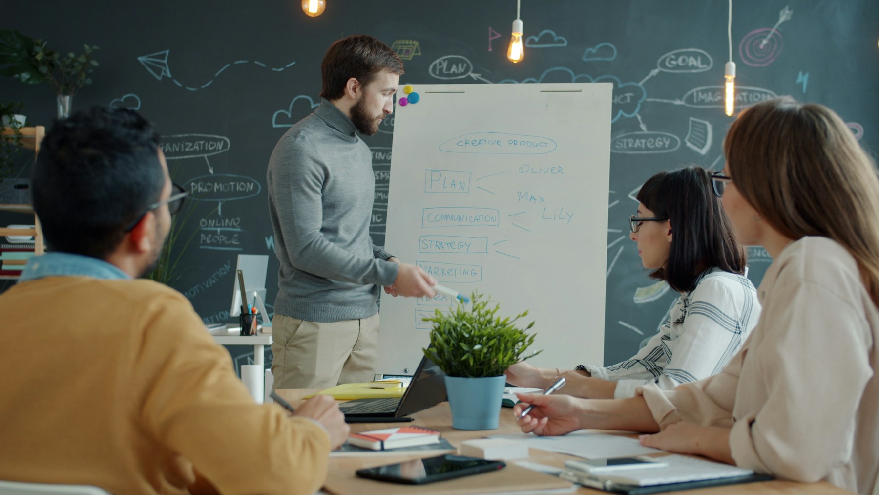 A team discussing service flow in front of a whiteboard