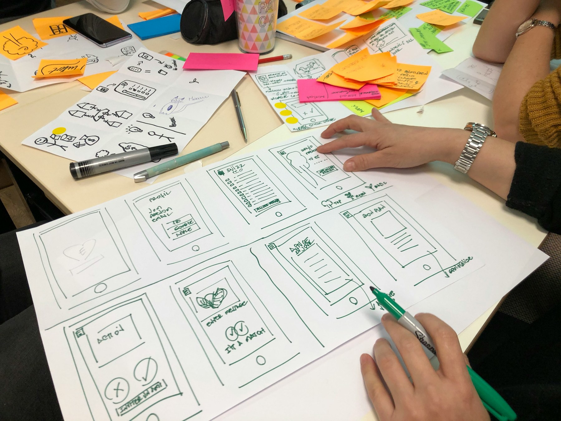 Website flow sketches laid across a work table
